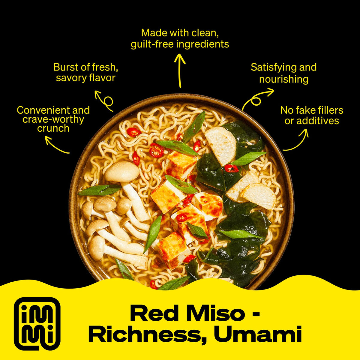 Immi Spicy Red Miso Ramen noodles closeup emphasizes texture and protein-packed bite