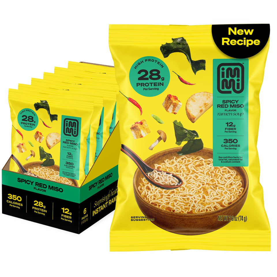 Immi Spicy Red Miso Ramen packshot highlights bold vegan flavor in a convenient 6-pack