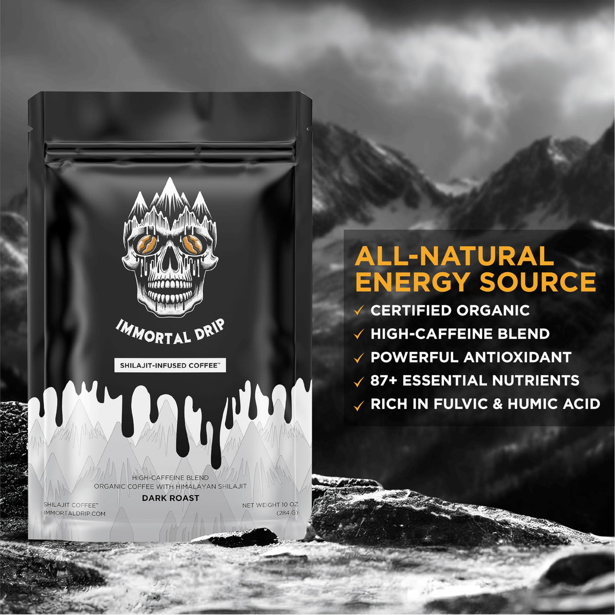 Immortal Drip dark roast beans ready for a bold, smooth start