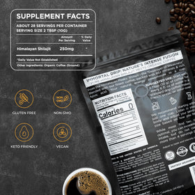 Immortal Drip vitamin-enhanced coffee bottle showing fortified energy option