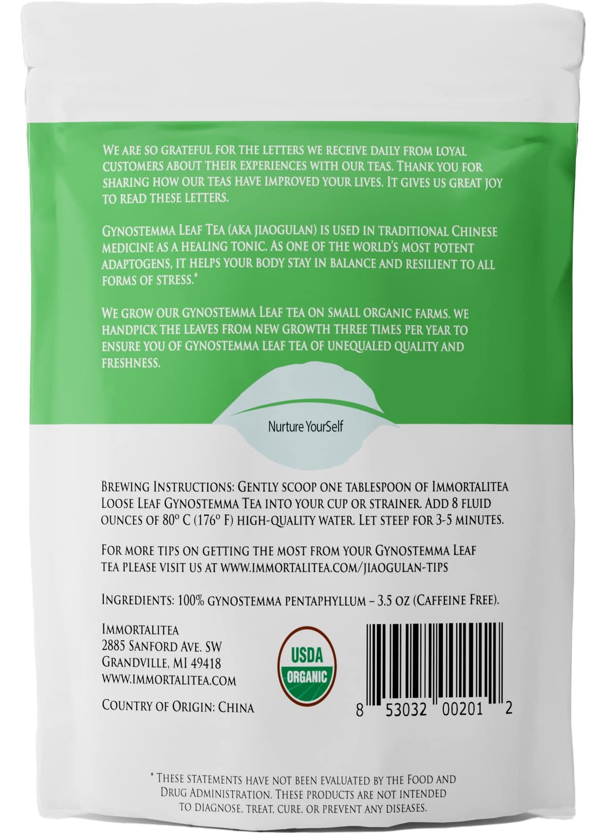 Immortalitea gynostemma tea packaging label highlighting organic origin