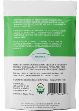 Immortalitea gynostemma tea packaging label highlighting organic origin