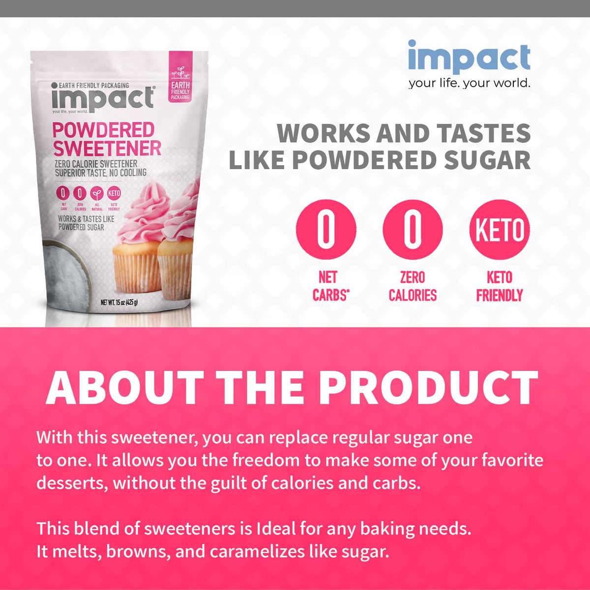 Impact Powdered Sweetener baking dish ideal for keto-friendly desserts