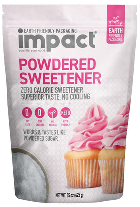 Impact Powdered Sweetener bottle pour shows zero-calorie sweetness for beverages