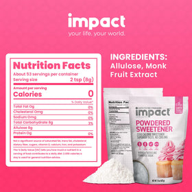 Impact Powdered Sweetener label highlights versatile uses in sauces, cookies, coffee