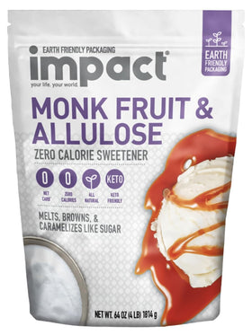 Impact Your Life monk fruit allulose bottle pour for easy, zero-calorie sweetness in beverages.