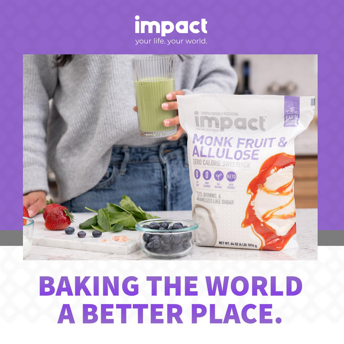Impact Your Life monk fruit allulose glass jar highlights premium crystallized sweetness.