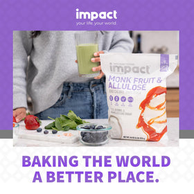 Impact Your Life monk fruit allulose glass jar highlights premium crystallized sweetness.