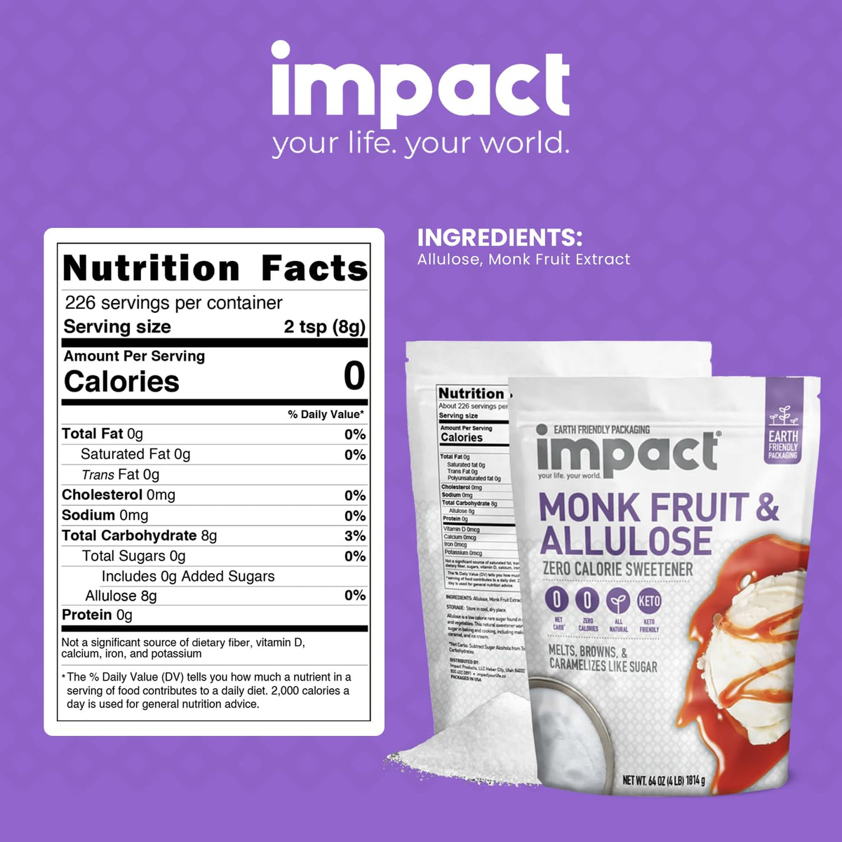 Impact Your Life monk fruit allulose scoop measures precise 1:1 sugar replacement.