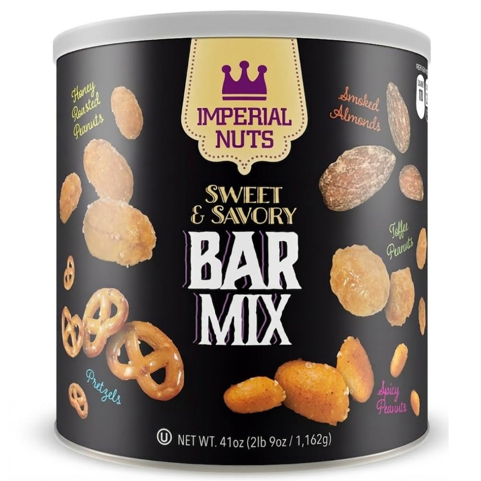 Imperial Nuts Bar Mix with smoked almonds, savory kick for entertaining.