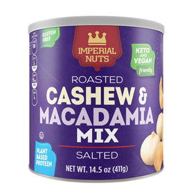 Imperial Nuts cashew macadamia roasted salted mix packaging—gluten-free and keto-friendly snack option.