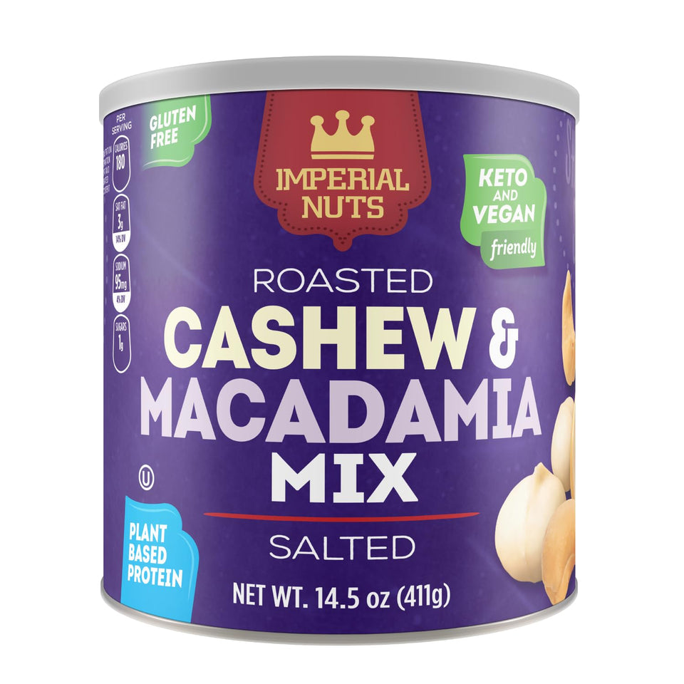 Imperial Nuts cashew macadamia roasted salted mix packaging—gluten-free and keto-friendly snack option.