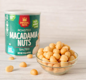Imperial Nuts Macadamia Salted Roasted in tin showcasing reseal freshness for snack time
