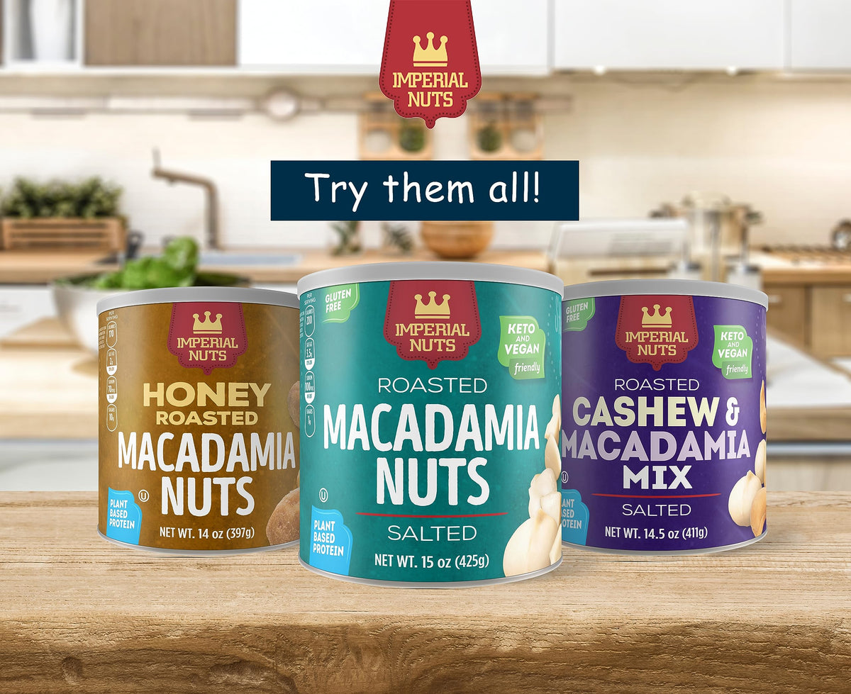 Close-up of Imperial Nuts roasted cashews and macadamias with luxurious buttery notes.