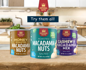 Close-up of Imperial Nuts roasted cashews and macadamias with luxurious buttery notes.