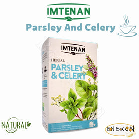 Imtenan parsley-celery tea bag steeping in hot water, highlighting aromatic herbal flavor benefits.