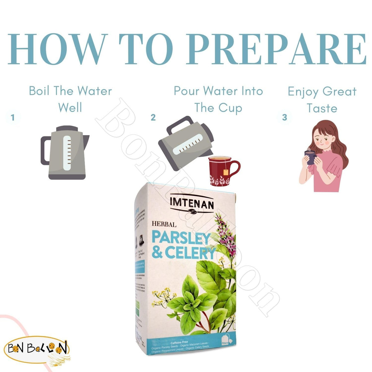 Imtenan Parsley-Celery Tea label with halal and kosher marks, assuring quality and compliant sourcing.