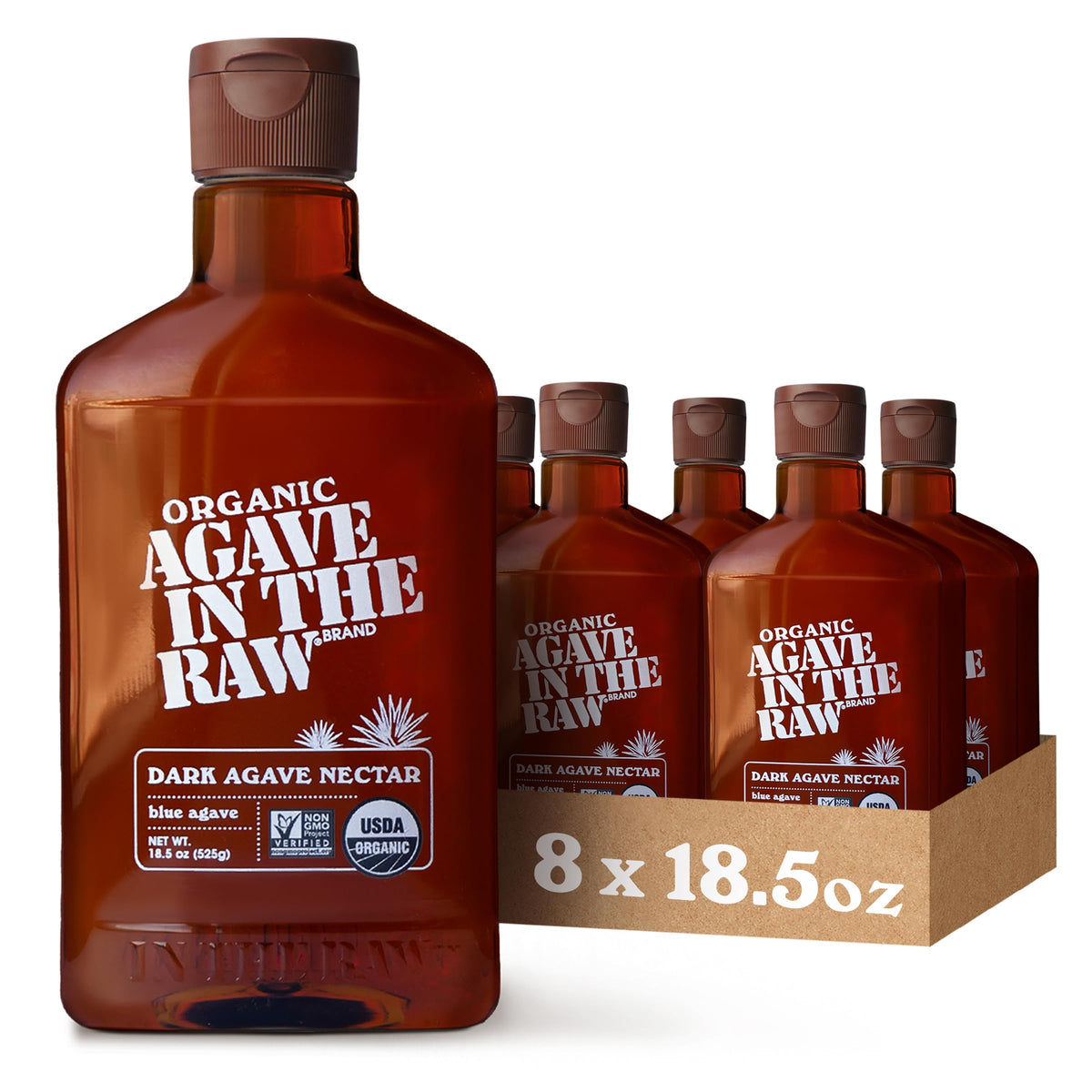 IN THE RAW Agave Nectar bottle 18oz on shelf, gluten-free vegan sweetener.