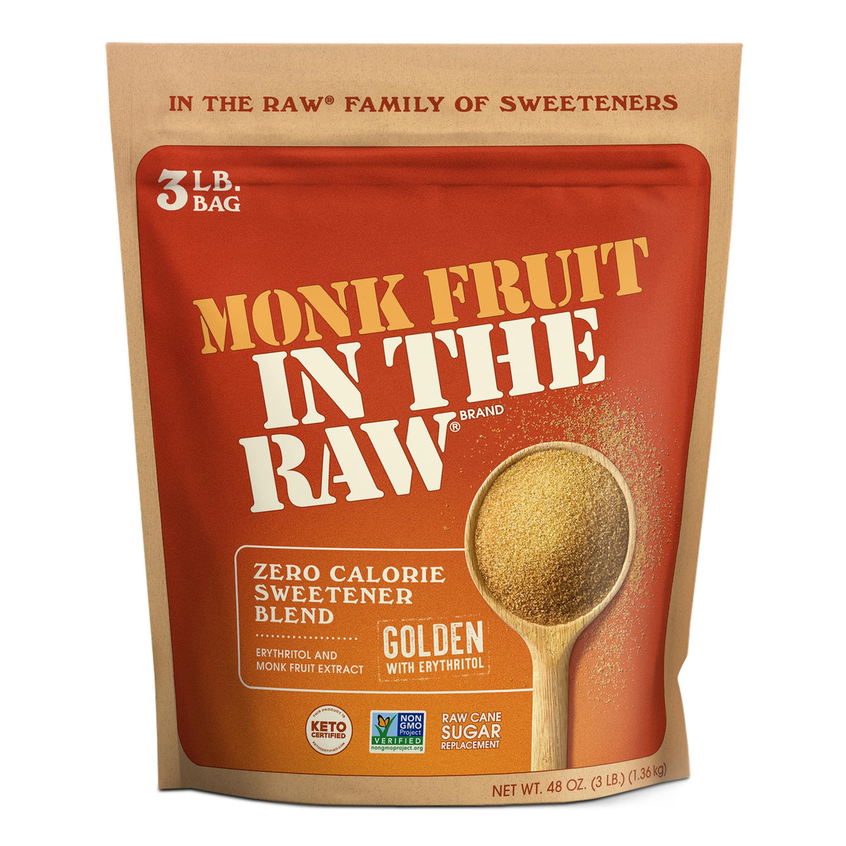 IN THE RAW Golden Monk Fruit bag front showing zero calories and 1:1 sugar substitute use