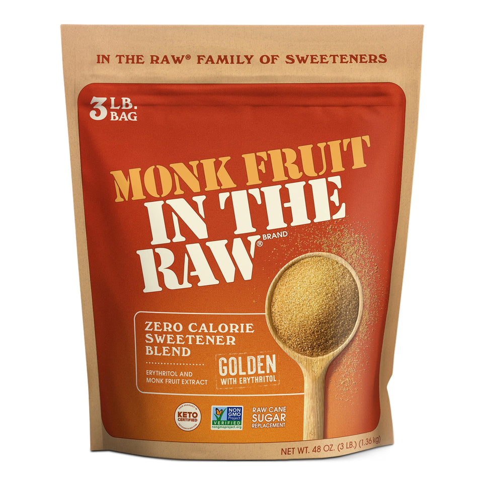 IN THE RAW Golden Monk Fruit bag front showing zero calories and 1:1 sugar substitute use