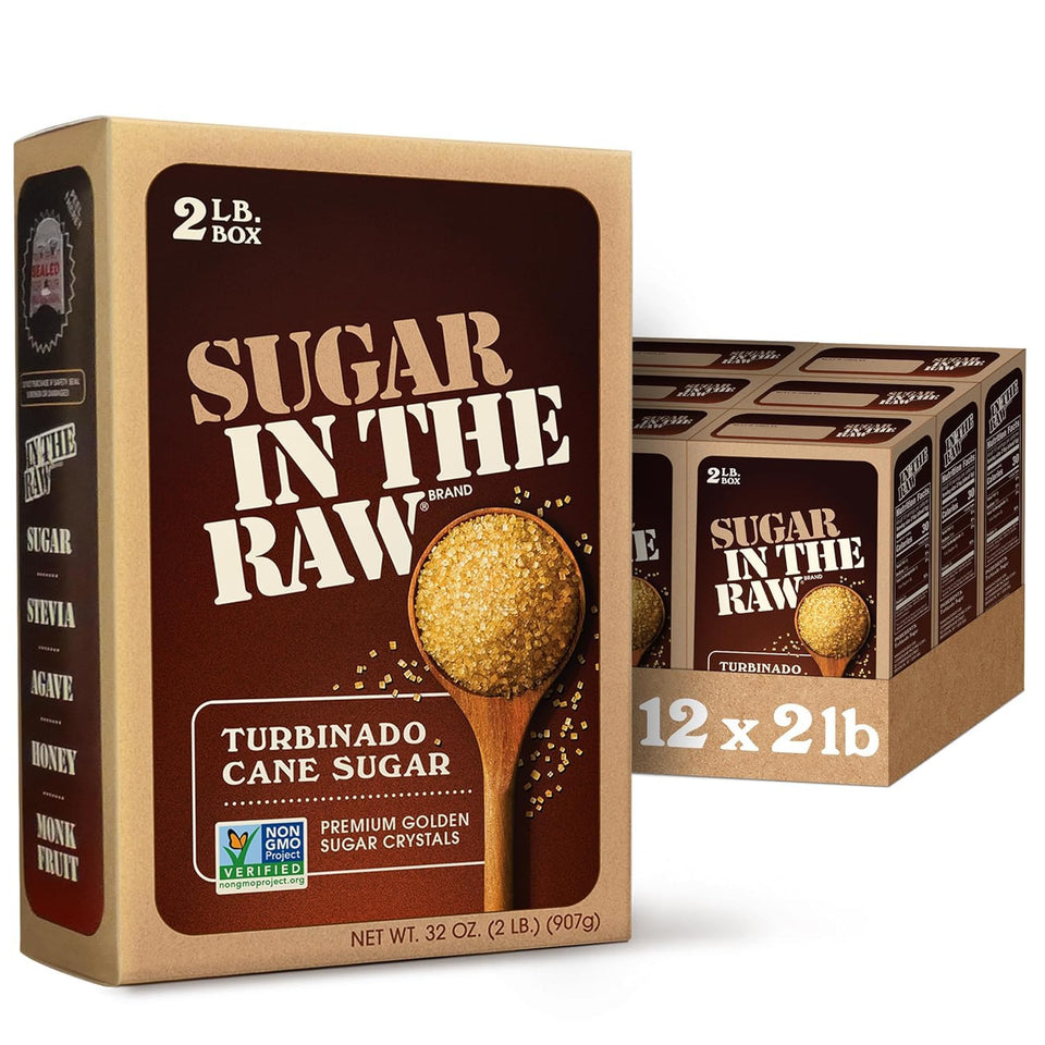 In The Raw granulated turbinado sugar bag shows natural golden crystals for rich flavor