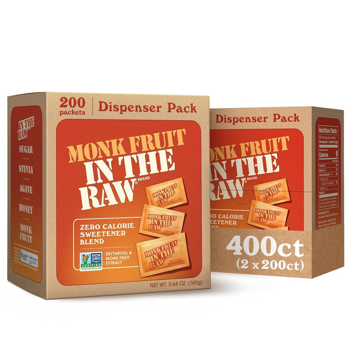 IN THE RAW Monk Fruit Packets front view with two boxes for keto-friendly sweetness.