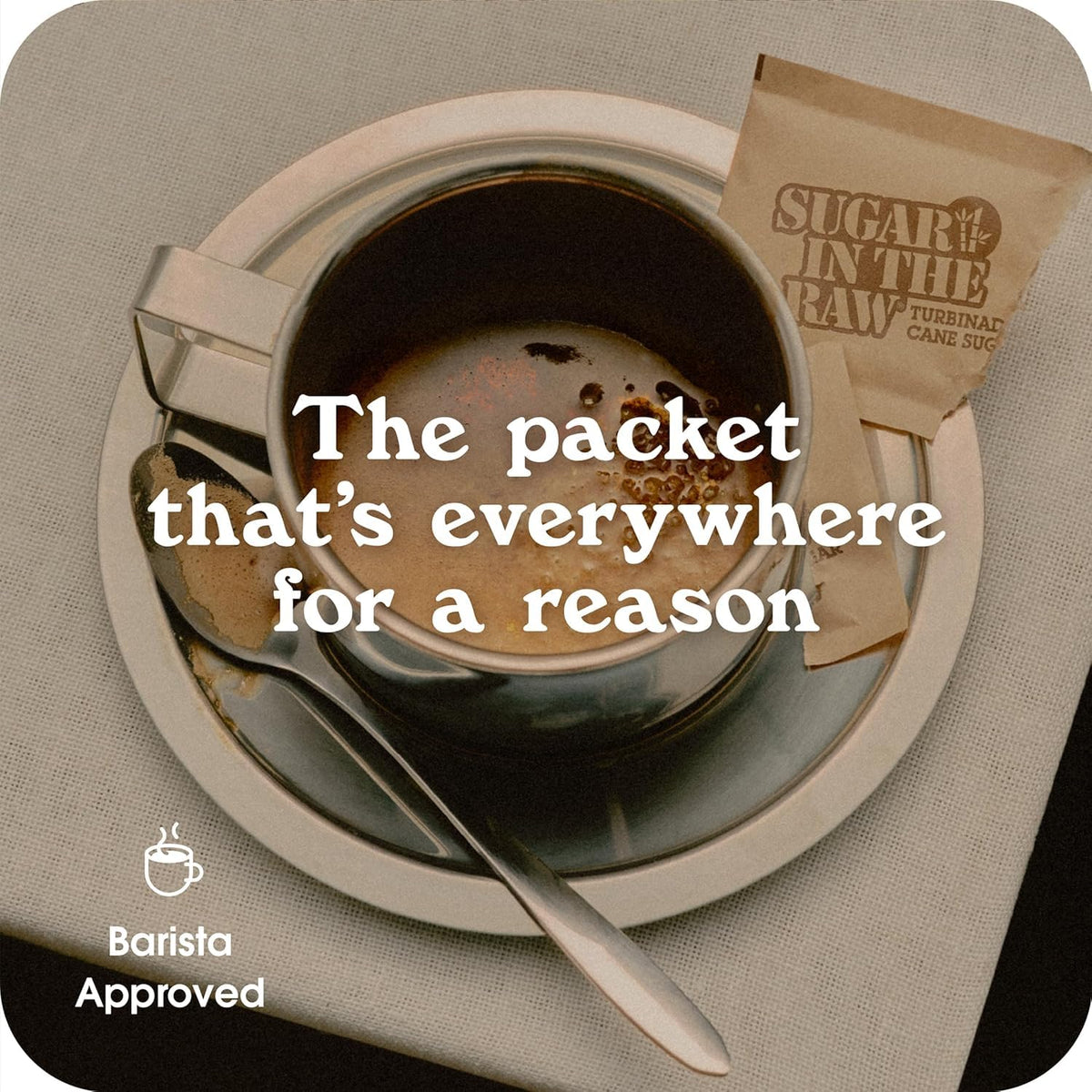 IN THE RAW on-the-go packets beside a travel mug for quick sweetening