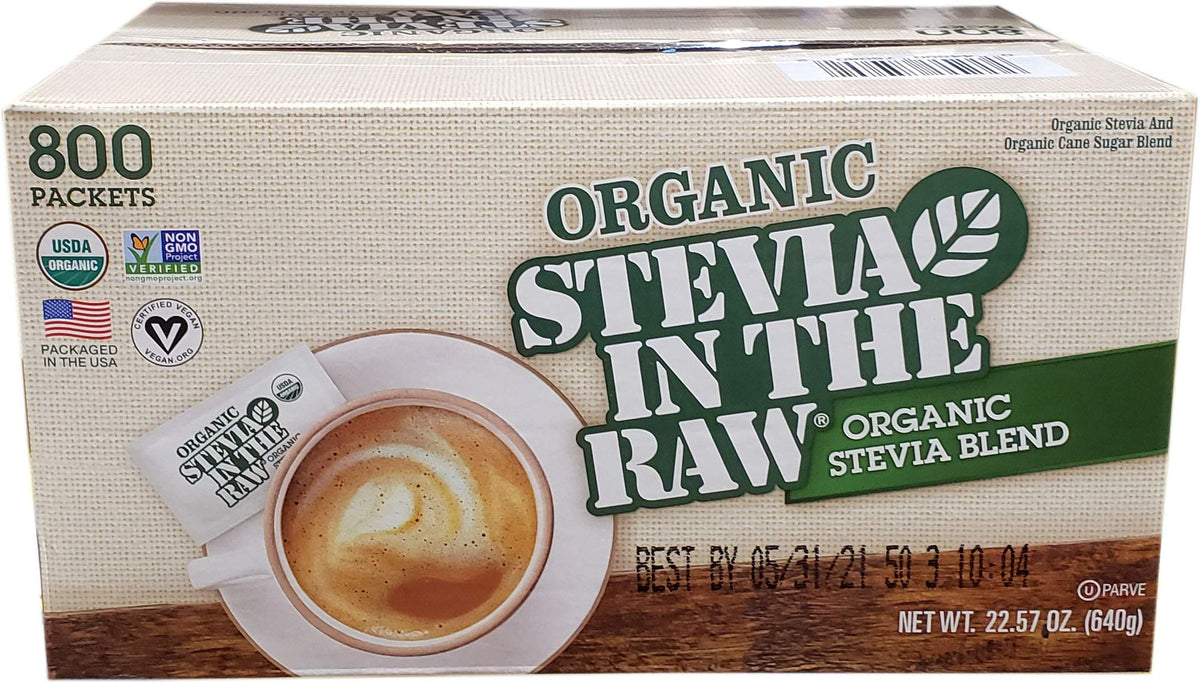 IN THE RAW Organic Stevia 22.57 oz container offers zero-calorie sweetness for beverages.