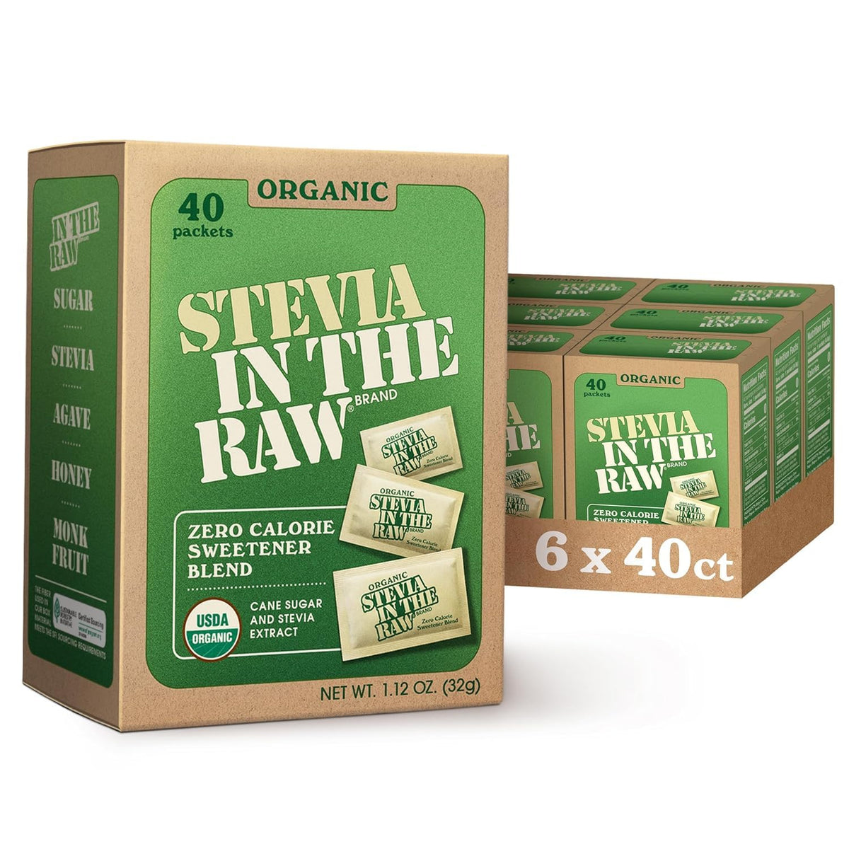 In The Raw organic stevia packets on a table for zero-calorie sweetness