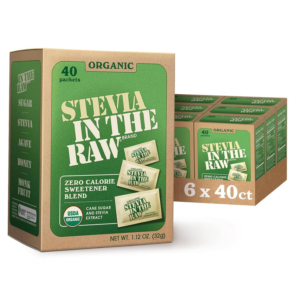 In The Raw organic stevia packets on a table for zero-calorie sweetness