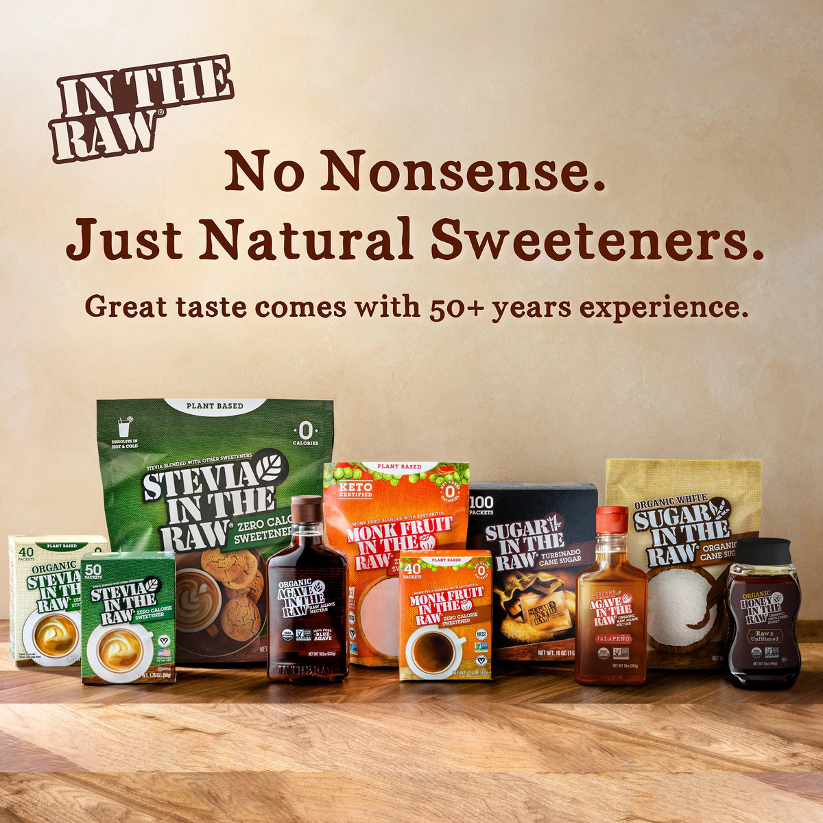 IN THE RAW packaged sweeteners on shelf for pantry convenience