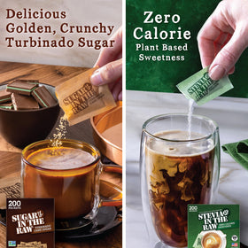 IN THE RAW Stevia packets box, zero-calorie sweetness for beverages