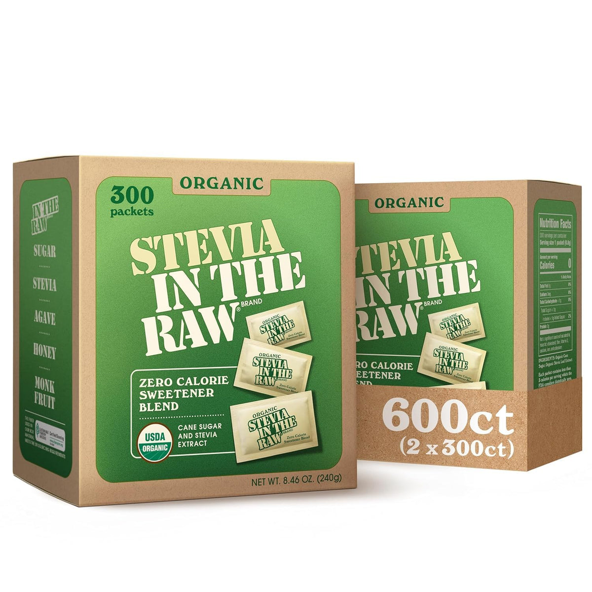 IN THE RAW stevia packets packaging shows organic zero-calorie sweetness.