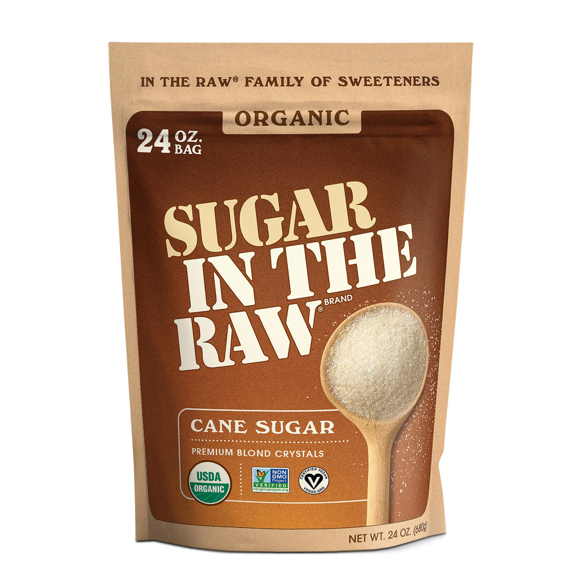 IN THE RAW Organic White Sugar bag close-up for everyday baking and beverages.