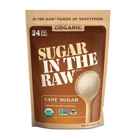 IN THE RAW Organic White Sugar bag close-up for everyday baking and beverages.