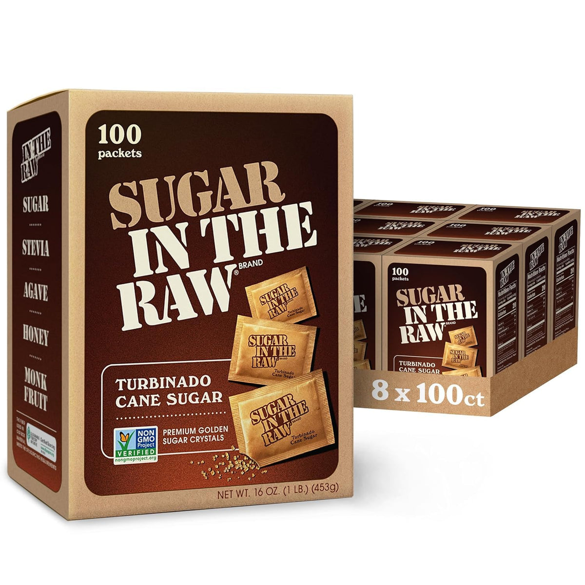 IN THE RAW sugar packets beside a steaming cup of coffee for smooth sweetness