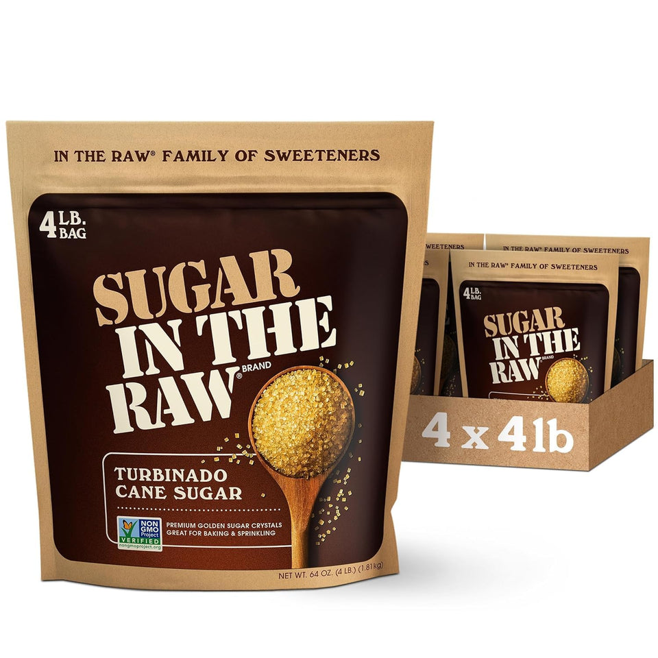 IN THE RAW Sugar Turbinado crystals close-up showing natural golden color and crunch.