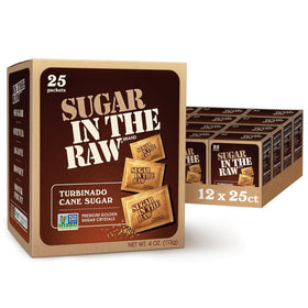 IN THE RAW Sugar Turbinado Packets front of box for easy daily coffee sweetening.