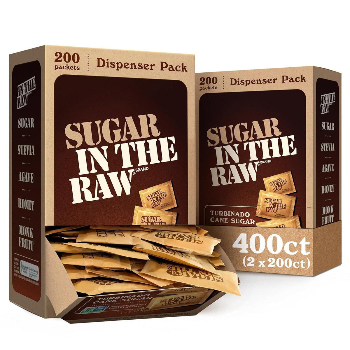 IN THE RAW Turbinado sugar packets closeup; golden crystals add natural molasses flavor.