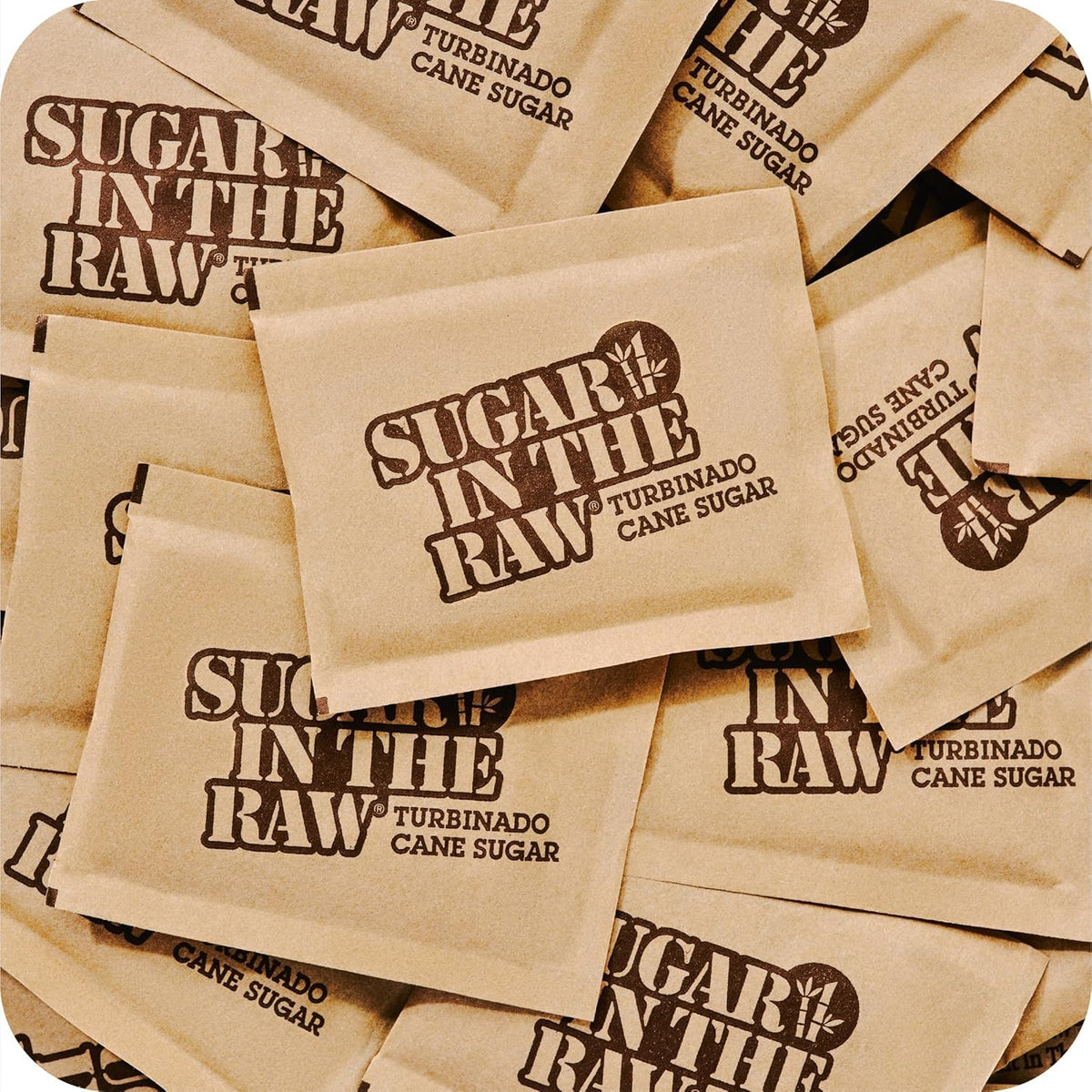 IN THE RAW Turbinado sugar packets packaging label; vegan, gluten-free, non-GMO.