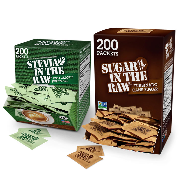 IN THE RAW Turbinado sugar packets in a box, ideal for on-the-go sweetness