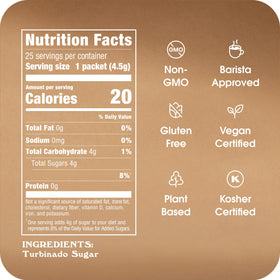 IN THE RAW Turbinado packets showing vegan and kosher, gluten-free labels for clean eating.
