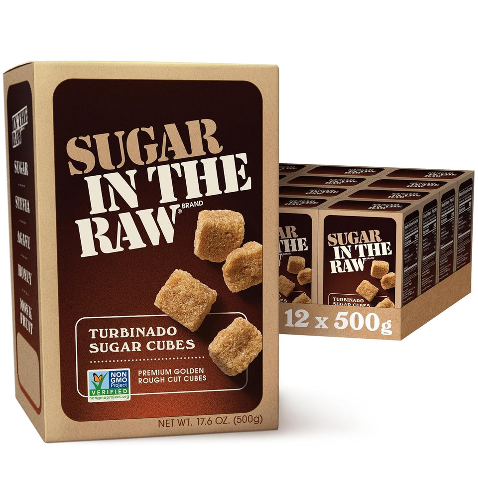 In The Raw Turbinado sugar cubes box, ideal for quick coffee sweetness.