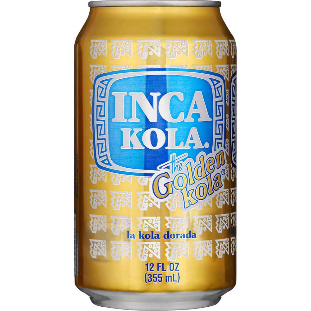 Inca Kola Golden Kola can poured into a glass, vibrant and refreshing.