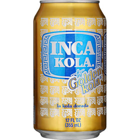 Inca Kola Golden Kola can poured into a glass, vibrant and refreshing.