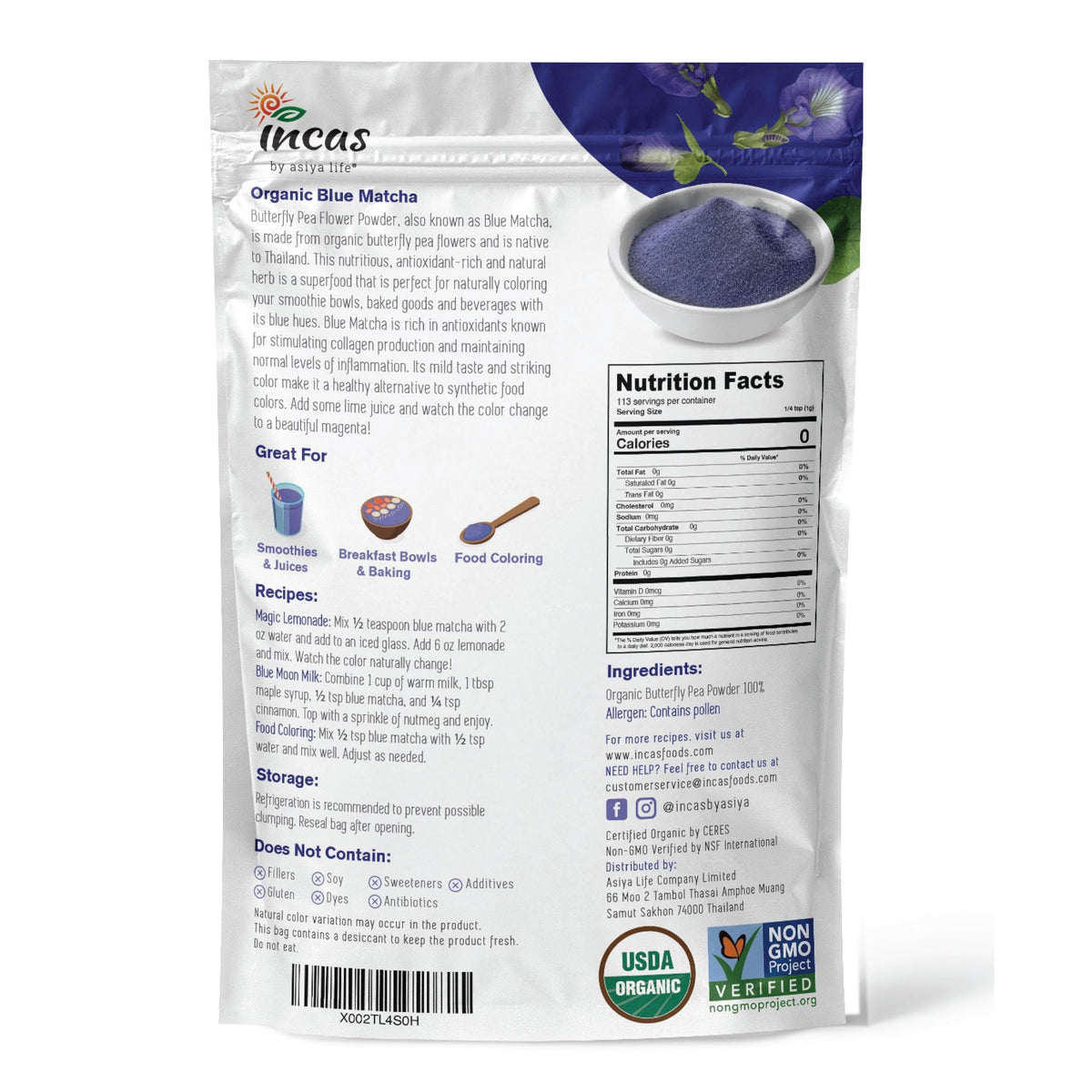 Incas blue matcha tea brew demonstrating natural color
