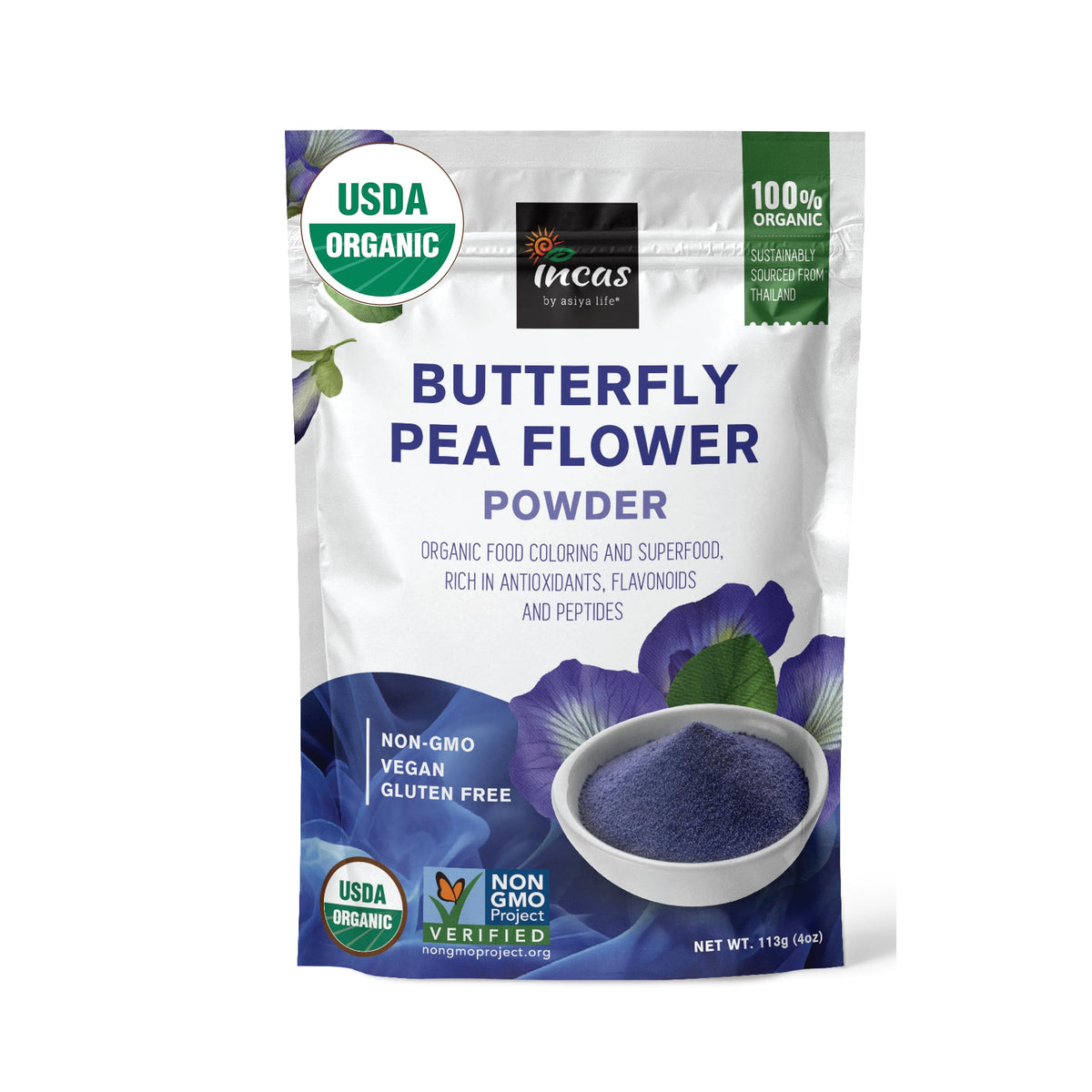 Incas butterfly pea flower powder bottle showing organic blue color for foods