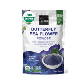 Incas butterfly pea flower powder bottle showing organic blue color for foods