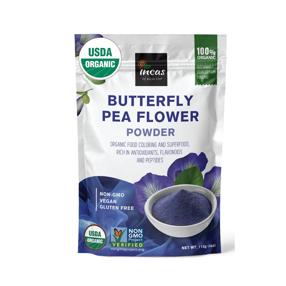 Incas butterfly pea flower powder bottle showing organic blue color for foods