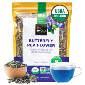 Incas butterfly pea flower tea pack showcasing premium organic packaging for a caffeine-free drink